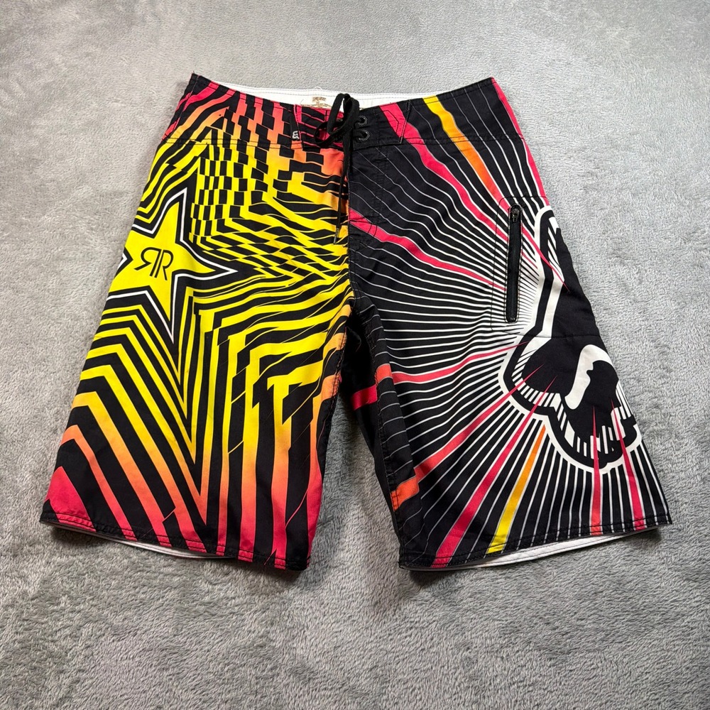 Fox Racing x Rockstar Energy Board Shorts Men 32 Black Yellow Red 11" Inseam Y2K